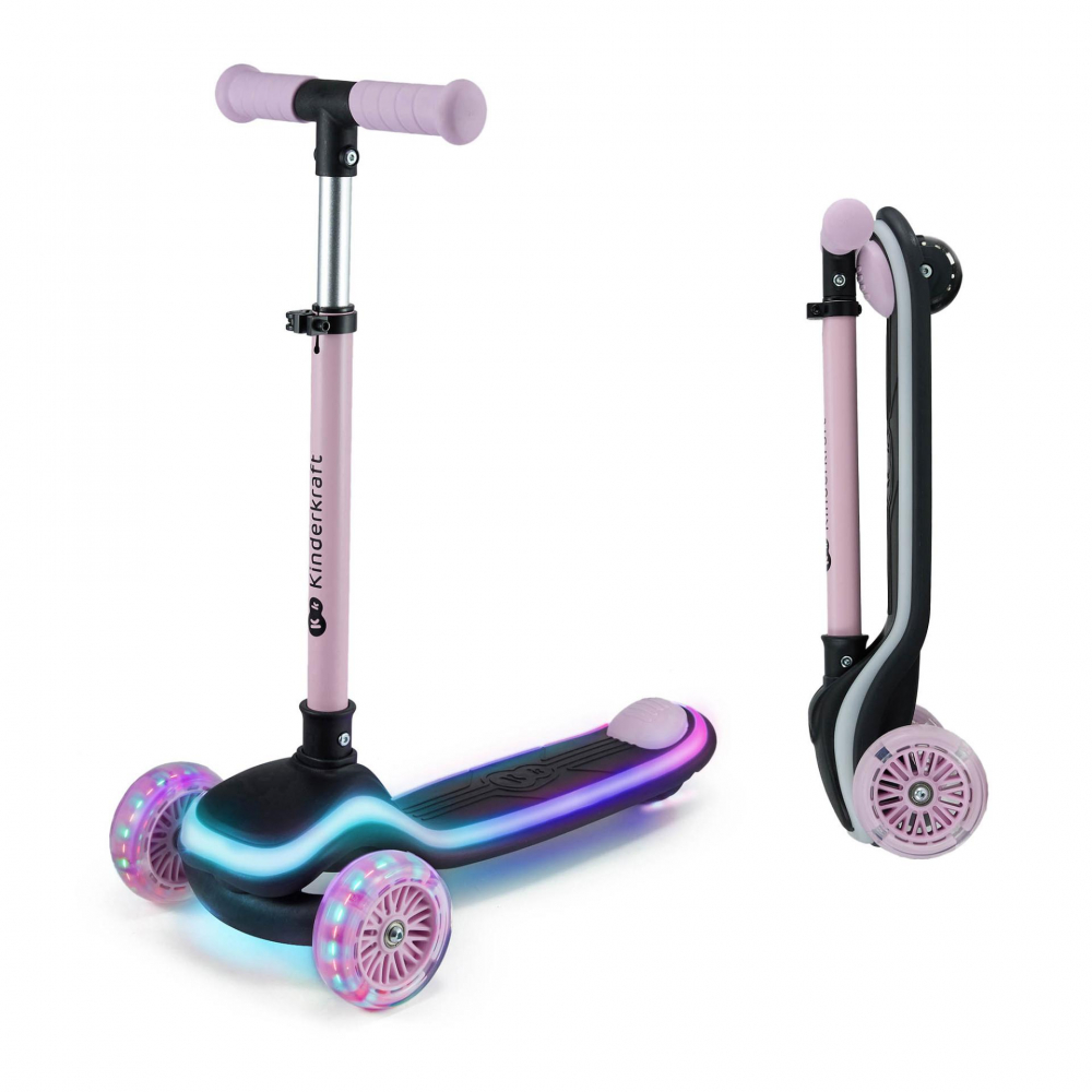 Trotineta pentru copii Kinderkraft Raket Pink pliabila platforma si roti LED ghidon reglabil greutate admisa 50 kg