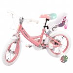 Bicicleta pentru copii Procart Unicorn Roz 14 inch, roti ajutatoare, scaun papusi, frane v-brake, aparatoare lant