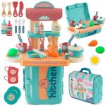 Bucatarie 3in1 pentru copii Ricokids Turcoaz cu elemente mobile,maner transport,legume,fructe si accesorii incluse