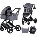 Carucior pentru copii Chipolino Amore Cloud Grey 3 in 1 transformabil, cu suspensii, spatar reglabil, husa de picioare, gentuta si suport pahar