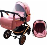 Carucior pentru copii Baby Care Pro 530 Roz 3 in 1 Transformabil, Cadru Aluminiu, Amortizoare, Roti din cauciuc, Spatar reglabil 3 trepte, Plasa insecte, Geanta