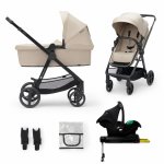 Carucior pentru copii Kinderkraft Newly Classic Sand Beige 4 in 1 cu suspensii, cadru din aluminiu, reversibil si accesorii incluse