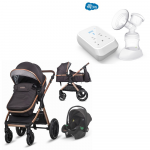 Carucior transformabil 3in1 Coccolle Melora,Cadru aluminiu,Roti mari,reversibil,Maner ajustabil,Cos auto iSize,Geanta,Suport pahar,Husa picioruse,Husa ploaie,Plasa insecte Diamond Black+CADOU Pompa de san electrica