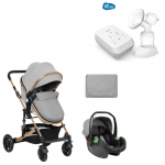 Carucior transformabil KikkaBoo 3in1 pana la 22kg,cadru aluminiu,suspensii pe roti/cadru,spatar reglabil,Reversibil,Scaun auto I-Size,geanta,suport pahar si accesorii incluse Amaia Light Grey + CADOU Pompa de san electrica