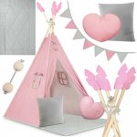 Cort de joaca pentru copii Nukido Roz 116x116x165 cm,stil Montessori,cadru din lemn,tesatura din bumbac,fereastra,stabilizator,ghirlanda,covoras si 2 pernite incluse