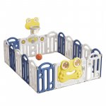 Gardulet loc de joaca pentru copii Nichiduta Garden Blue Frog, pliabil si portabil, de interior/exterior, compus din 14 panouri de gard + 2 panouri laterale cu Cos de baschet si angrenaje rotative, dimensiune 150 x 187.5cm