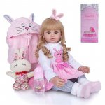 Papusa inaltime 55 cm, aspect realist, jucarie iepuras, biberon, suzeta, 3 ani+