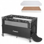 Set Patut pliabil 3 in 1 pentru copii,Kidnort,cu doua nivele,laterala culisanta,plasa de ventilatie,saltea pliabila si geanta de transport incluse,dimensiune 128x78.5x68 cm, Livsmiljo Dark Grey + Saltea cocos Comfort 8 cm
