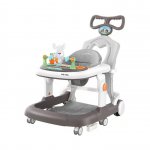 Premergator copii Little Mom Grey Rabbit, pliabil, cu maner de sustinere parental, cu perna de sezut ajustabila, panou interactiv detasabil, roti silentioase cu rotire 360 grade si sistem de franare, structura piramidala