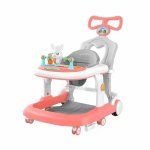 Premergator copii Little Mom Pink Rabbit, pliabil, cu maner de sustinere parental, cu perna de sezut ajustabila, panou interactiv detasabil, roti silentioase cu rotire 360 grade si sistem de franare, structura piramidala