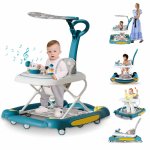 Premergator pentru copii Little Mom, multifunctional cu maner parental, sistem de balansare, Muzica, roti silentioase, cu perna de sezut si copertina detasabila, dimensiune 54 x 17 x 86 cm, Green