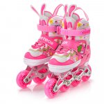 Role pentru copii Meteor Pink Bunny model configurabil 4 in 1, cu lumini, cizma semi-moale cu dimensiune reglabila si sistem de ventilatie, roti din PU, rulmenti din carbon ABEC-7, masura M 34-37