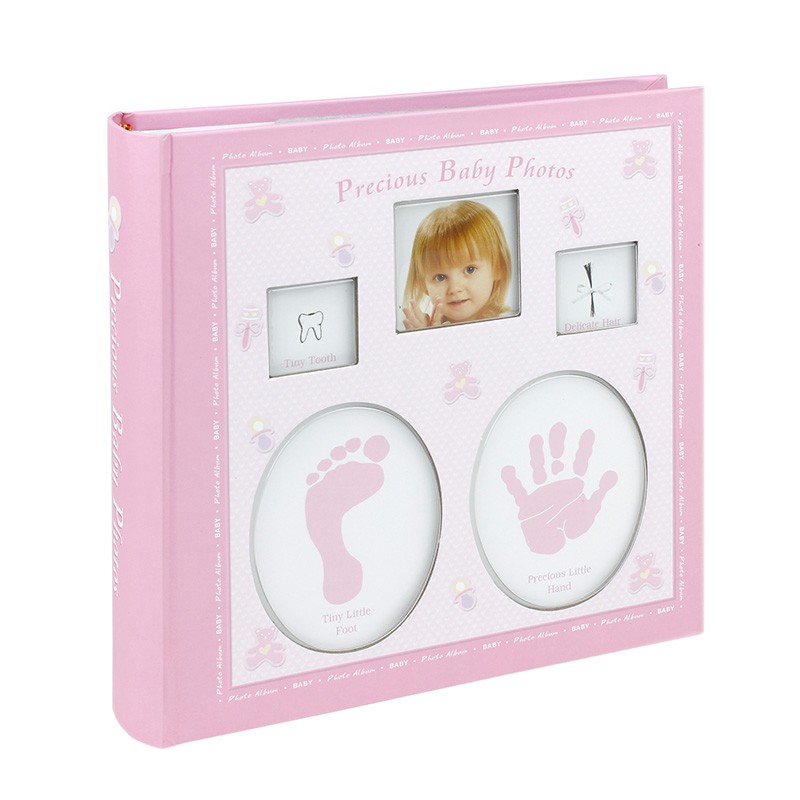 Album foto baby personalizabil, 200 poze, 10x15, amprente bebelus, cutie culoare roz