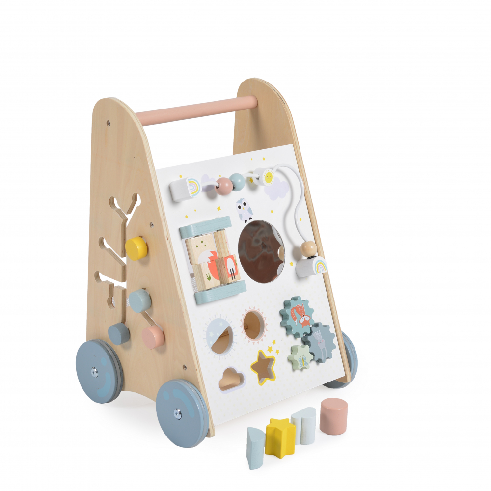 Antepremergator din lemn pentru copii Moni Multi activity walker,Angrenaje colorate,Circuit cu bile,Forme de sortat si Spatiu de Depozitare - 6