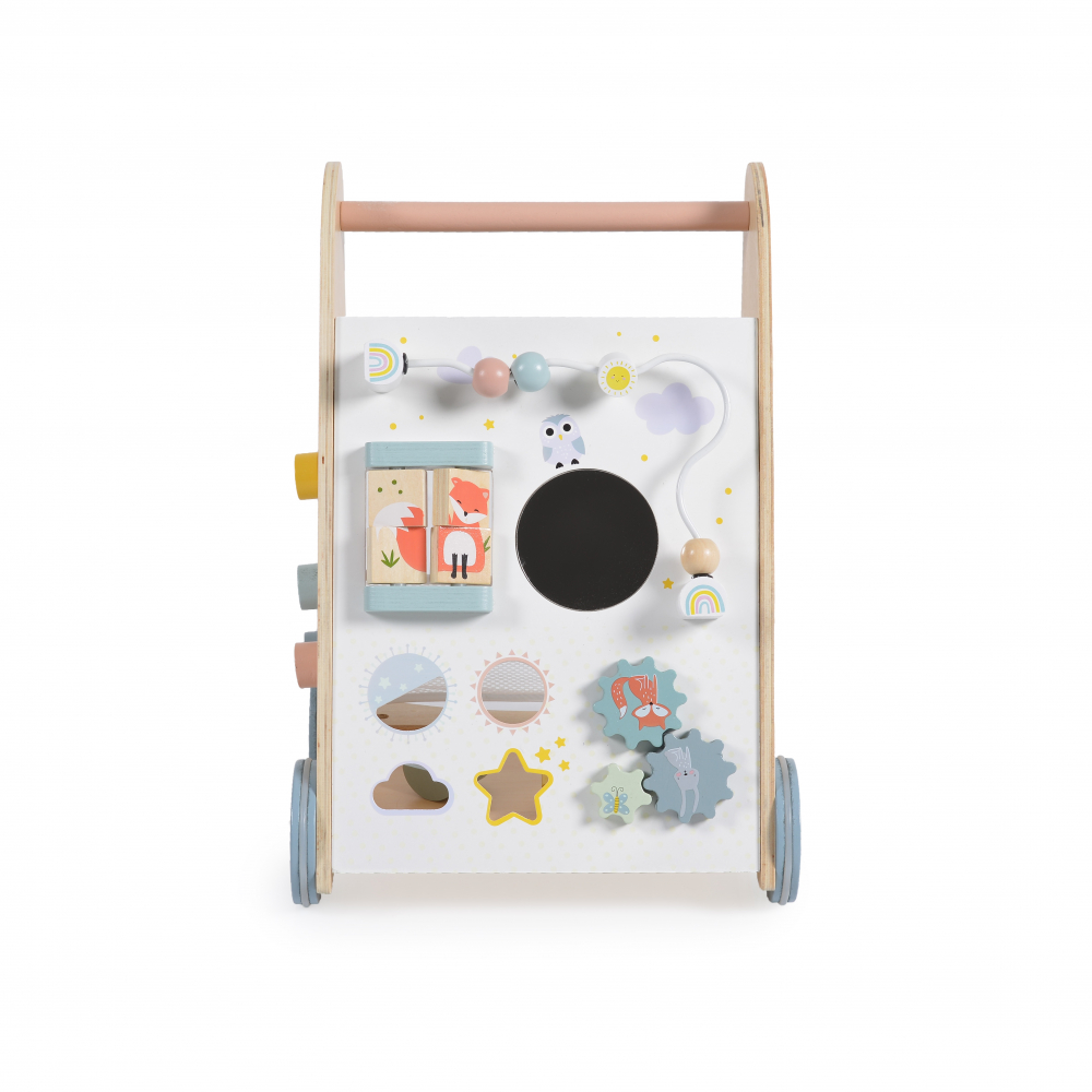 Antepremergator din lemn pentru copii Moni Multi activity walker,Angrenaje colorate,Circuit cu bile,Forme de sortat si Spatiu de Depozitare - 2