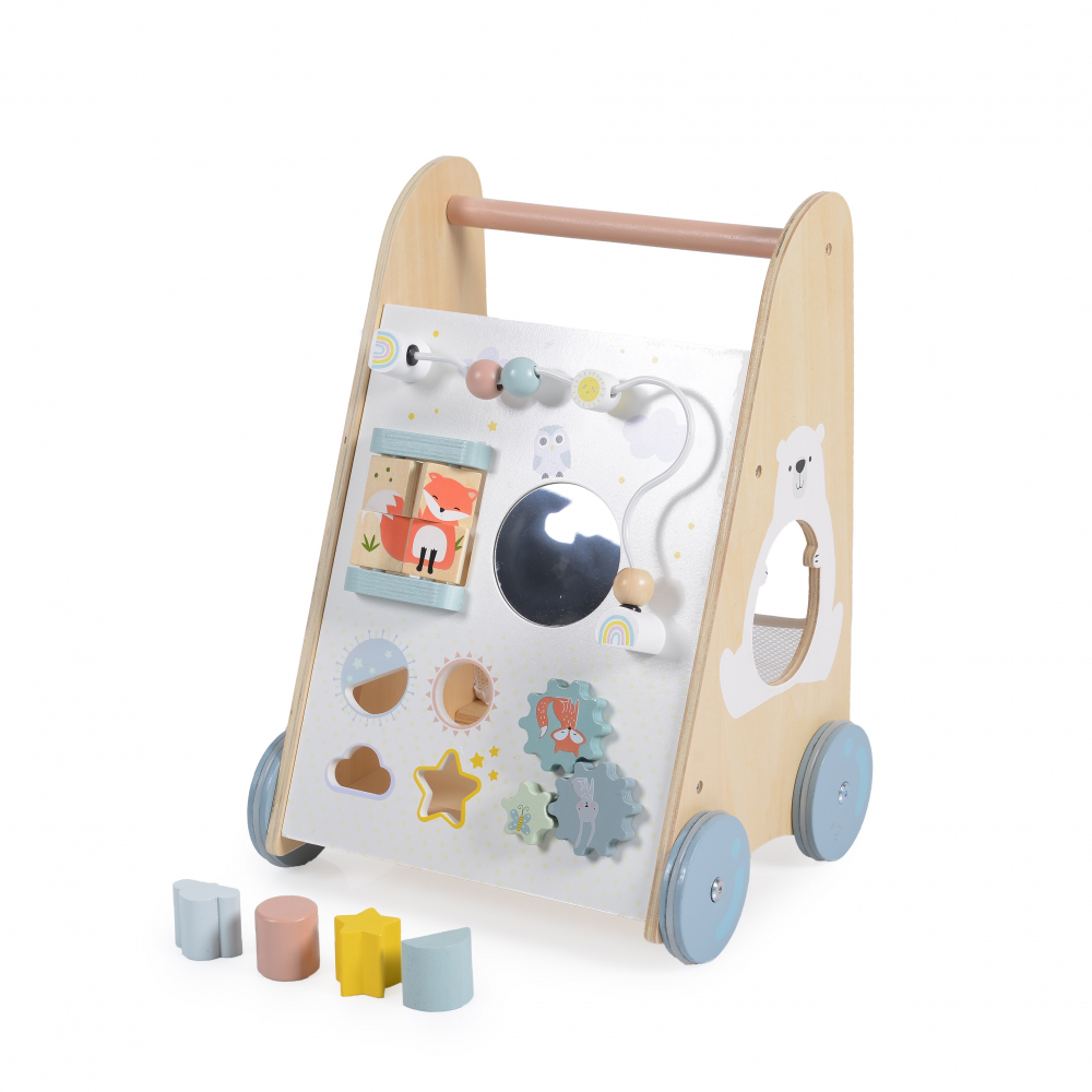 Antepremergator din lemn pentru copii Moni Multi activity walker,Angrenaje colorate,Circuit cu bile,Forme de sortat si Spatiu de Depozitare - 3