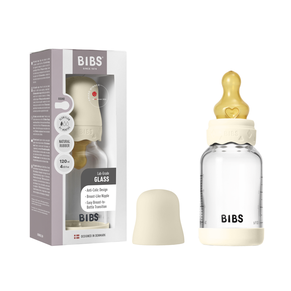 Set complet biberon Boheme din sticla anticolici cu tetina din latex, flux lent, 120 ml Ivory