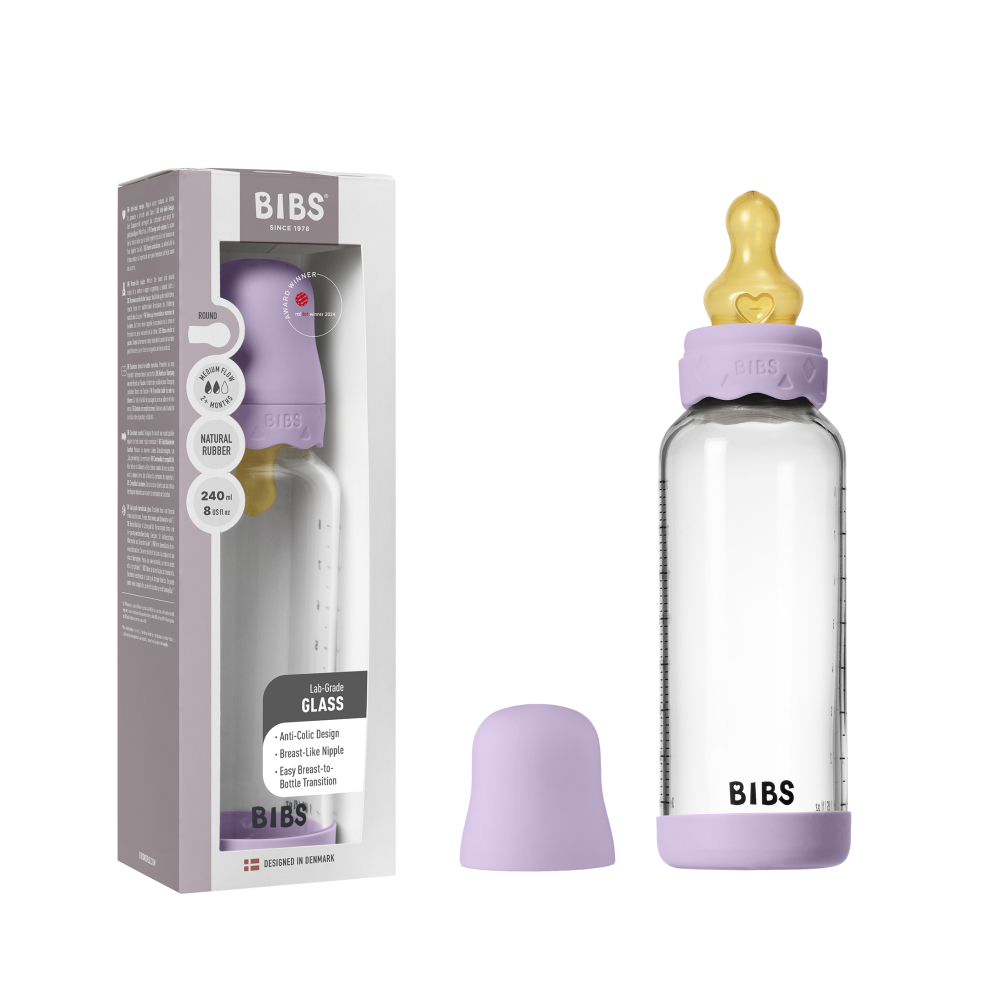 Set complet biberon Boheme din sticla anticolici cu tetina din latex, flux mediu, 240 ml, Violet Sky