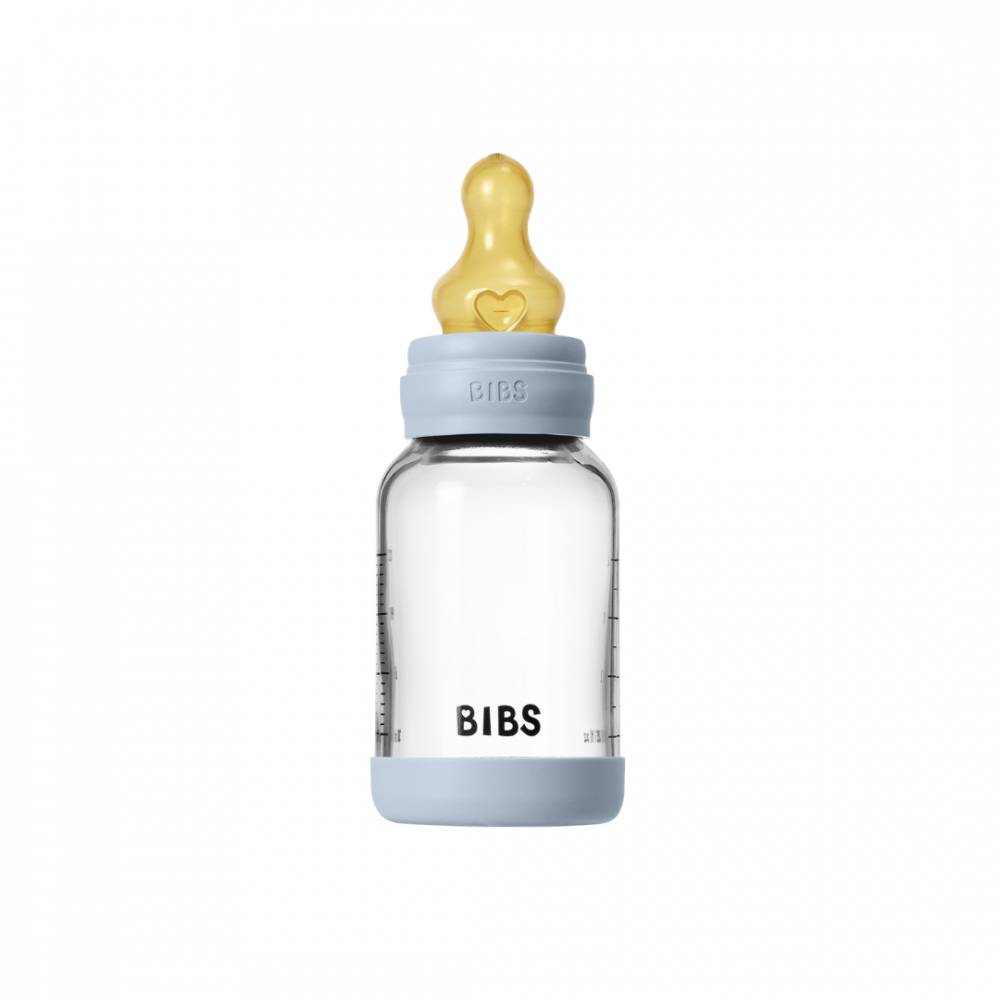 Set complet biberon din sticla anticolici cu tetina din latex, flux lent, 120 ml, Baby Blue