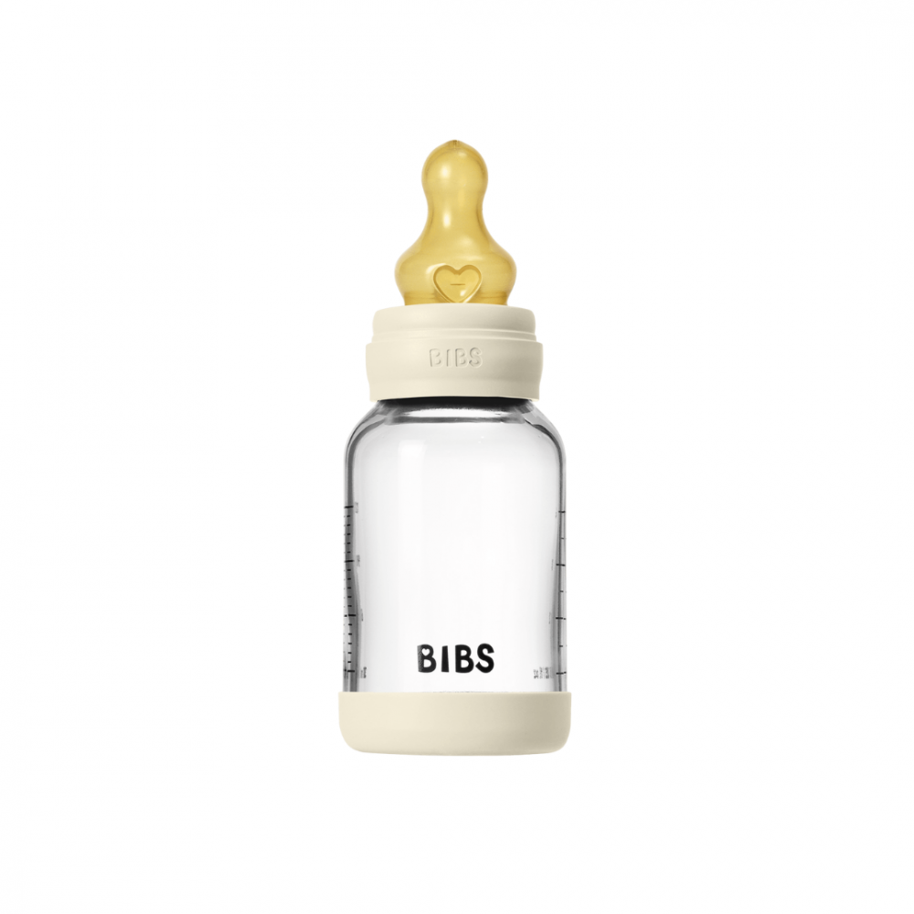Set complet biberon din sticla anticolici cu tetina din latex, flux lent, 120 ml, Ivory
