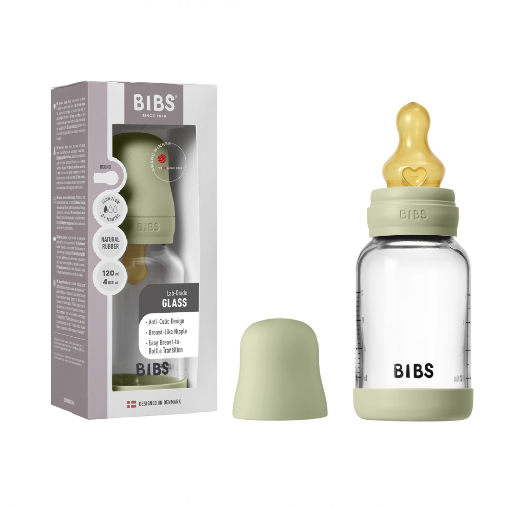 Set complet biberon din sticla anticolici cu tetina din latex, flux lent, 120 ml, Sage