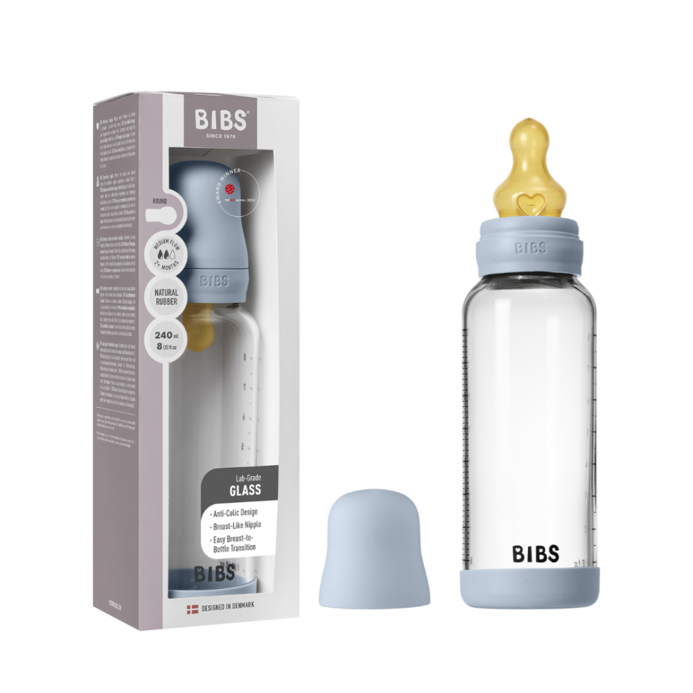 Set complet biberon din sticla anticolici cu tetina din latex, flux mediu, 240 ml, Baby Blue