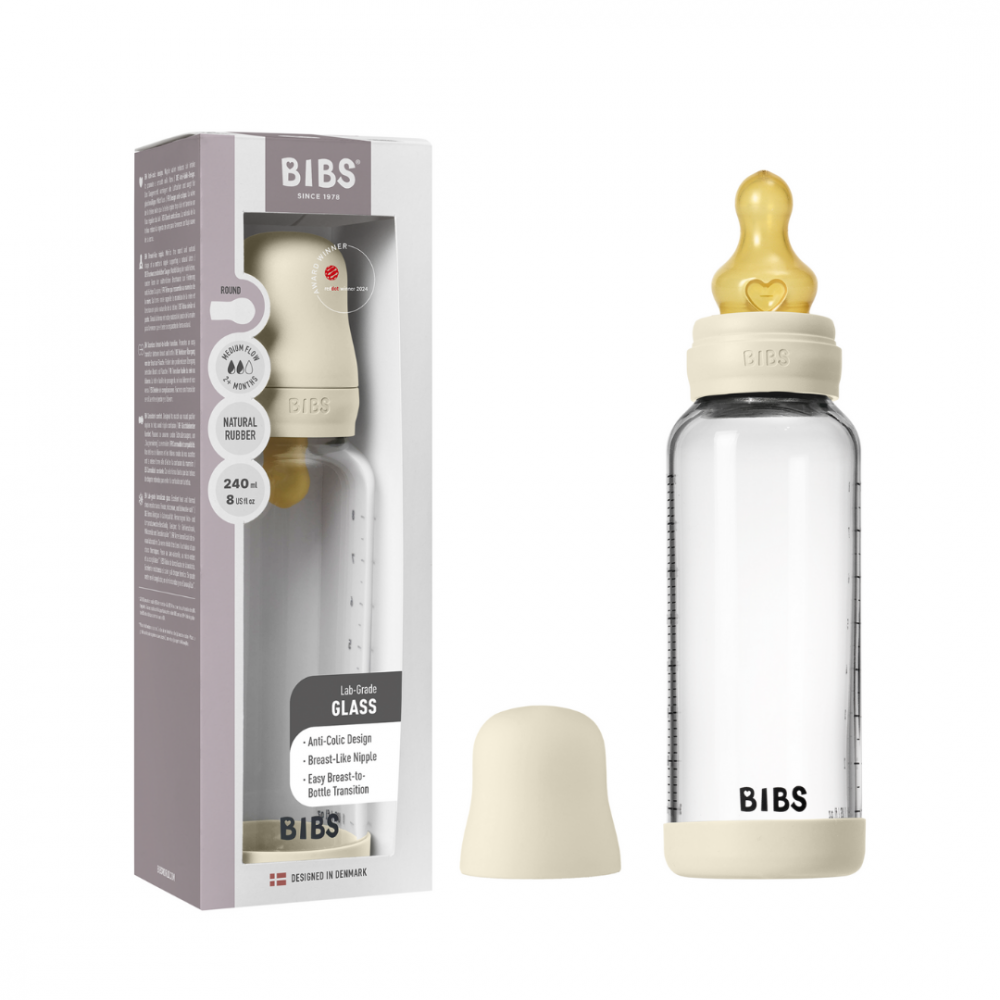Set complet biberon din sticla anticolici cu tetina din latex, flux mediu, 240 ml, Ivory