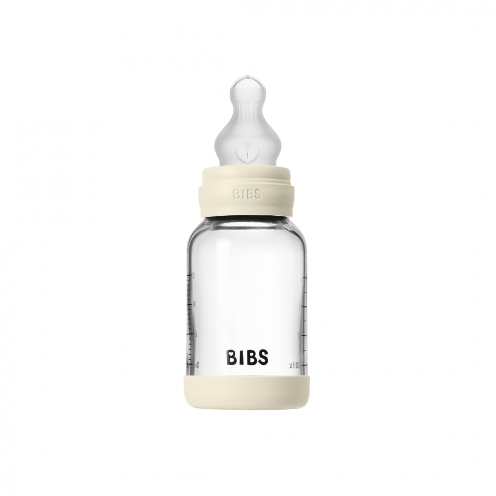 Set complet biberon din sticla anticolici cu tetina din silicon flux lent 120 ml Ivory