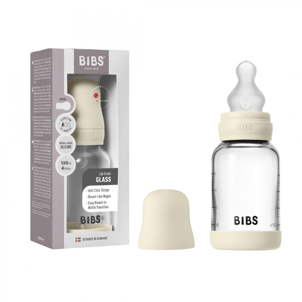 Set complet biberon din sticla anticolici cu tetina din silicon flux lent 120 ml Ivory