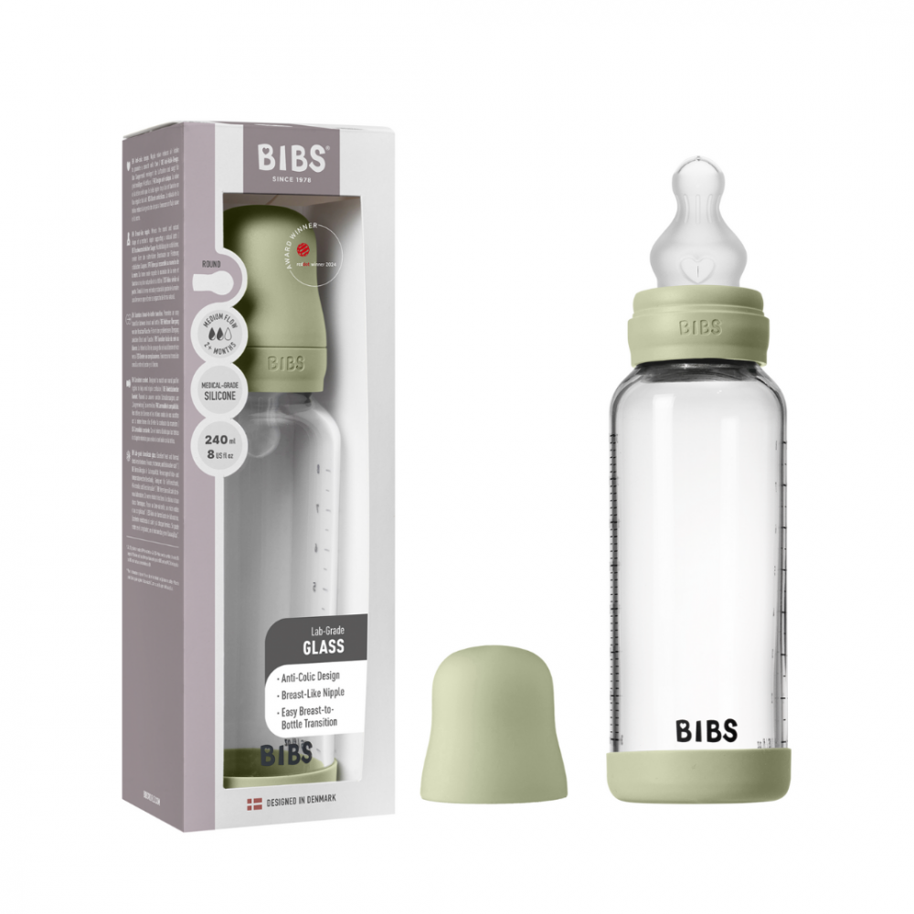 Set complet biberon din sticla anticolici cu tetina din silicon, flux mediu, 240 ml, Sage