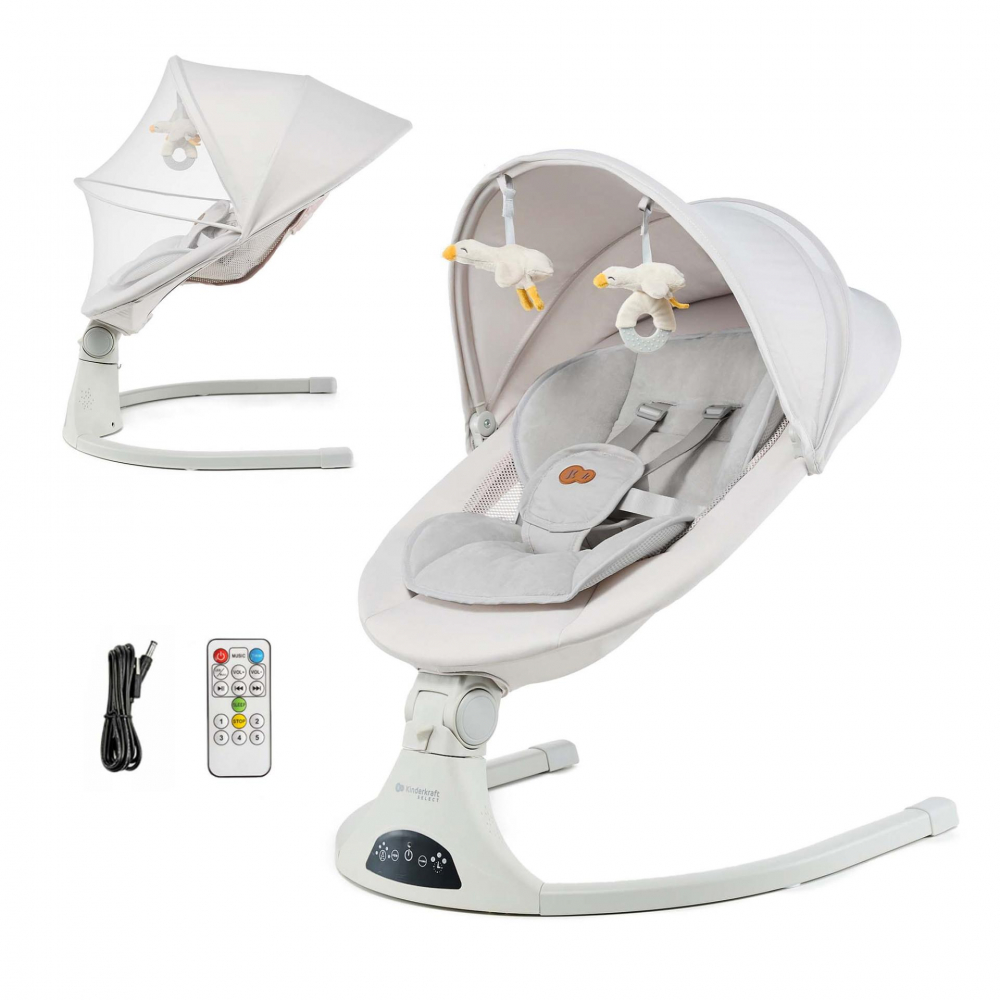 Baloansoar electric pentru copii Kinderkraft Tulsy Beige cu telecomanda, reglare spatar, plasa de tantari, jucarii, functii Bluetooth si USB