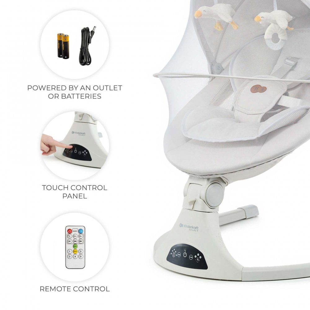Baloansoar electric pentru copii Kinderkraft Tulsy Beige cu telecomanda, reglare spatar, plasa de tantari, jucarii, functii Bluetooth si USB - 9