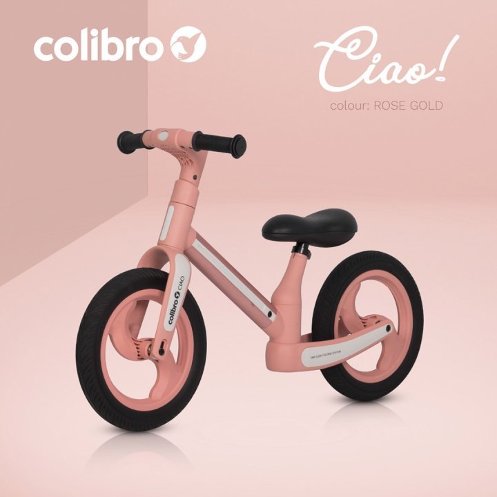 Bicicleta de echilibru pentru copii, fara pedale, pliabila, cu scaunelul si ghidonul reglabile pe inaltime, cu roti din cauciuc de 12 inch, Colibro Ciao Rose Gold - 3