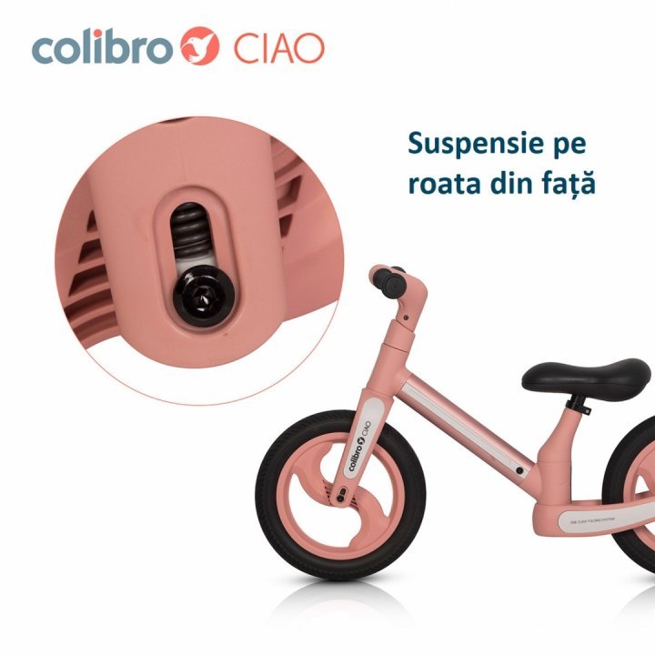 Bicicleta de echilibru pentru copii, fara pedale, pliabila, cu scaunelul si ghidonul reglabile pe inaltime, cu roti din cauciuc de 12 inch, Colibro Ciao Rose Gold - 4