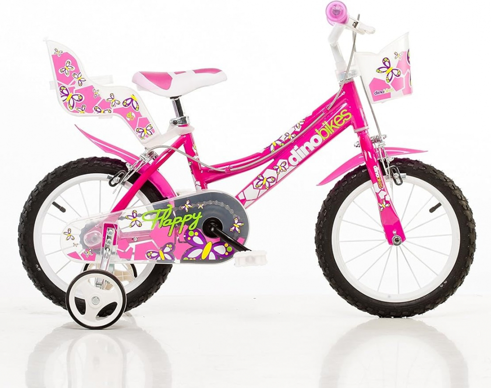 Bicicleta fetite Dino Bikes 146 RN Roz, 14 inch, varsta 4-7 ani, inaltimea recomandata 95-115 cm, roti ajutatoare, frana pe ambele roti
