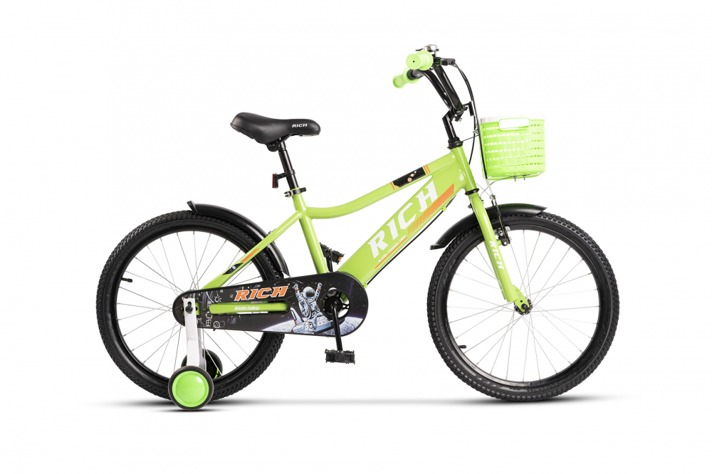 Bicicleta copii 7-10 ani Rich VerdeAlb, Roti 20 Inch, Frana fata V-Brake, Frana Spate Tambur, Roti Ajutatoare