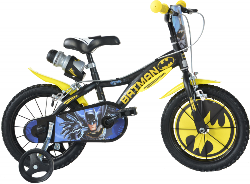 Bicicleta copii Dino Bikes Batman 16 inch, varsta 5-7 ani, inaltimea 107-125 cm, frana de mana pe ambele roti, scaun reglabil, roti ajutatoare detasabile, licentiata Batman