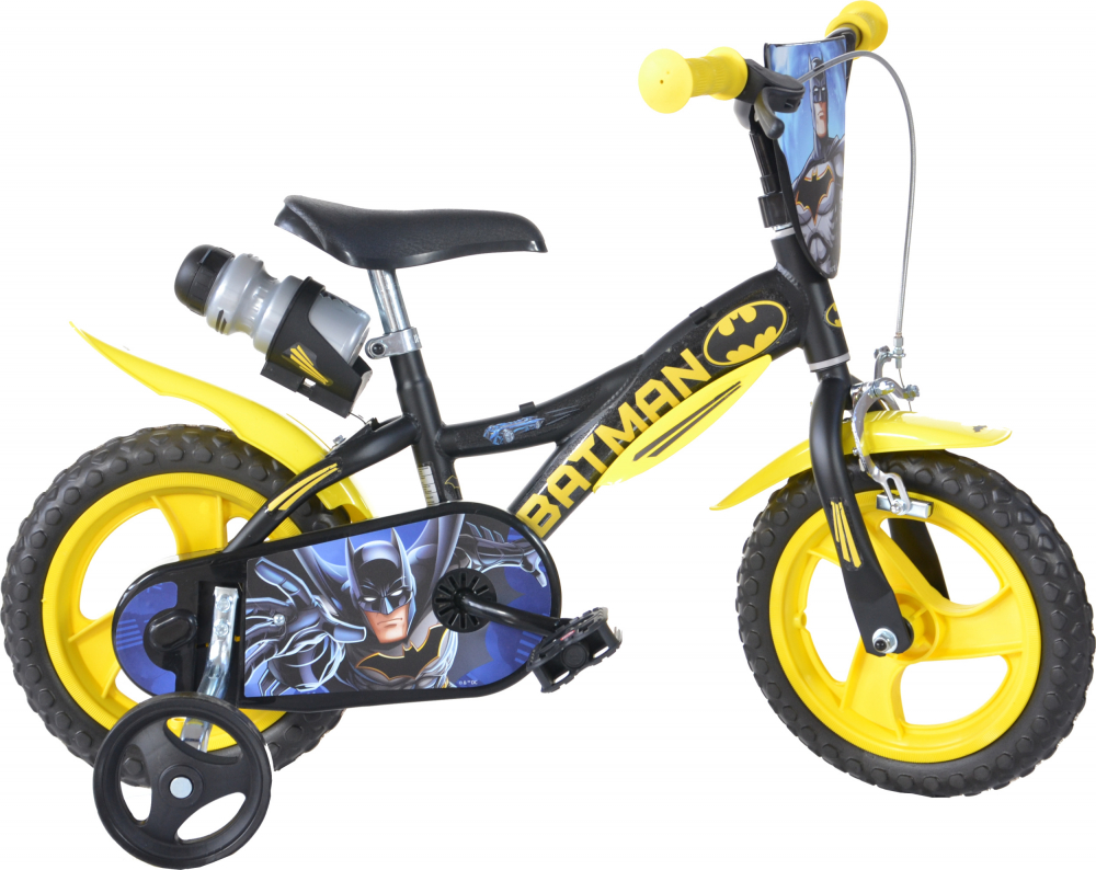 Bicicleta copii Dino Bikes Batman 12 inch, varsta 3-4 ani, inaltimea 87-110 cm, frana pe fata, pinion fix, roti din spuma EVA, scaun reglabil, roti ajutatoare detasabile