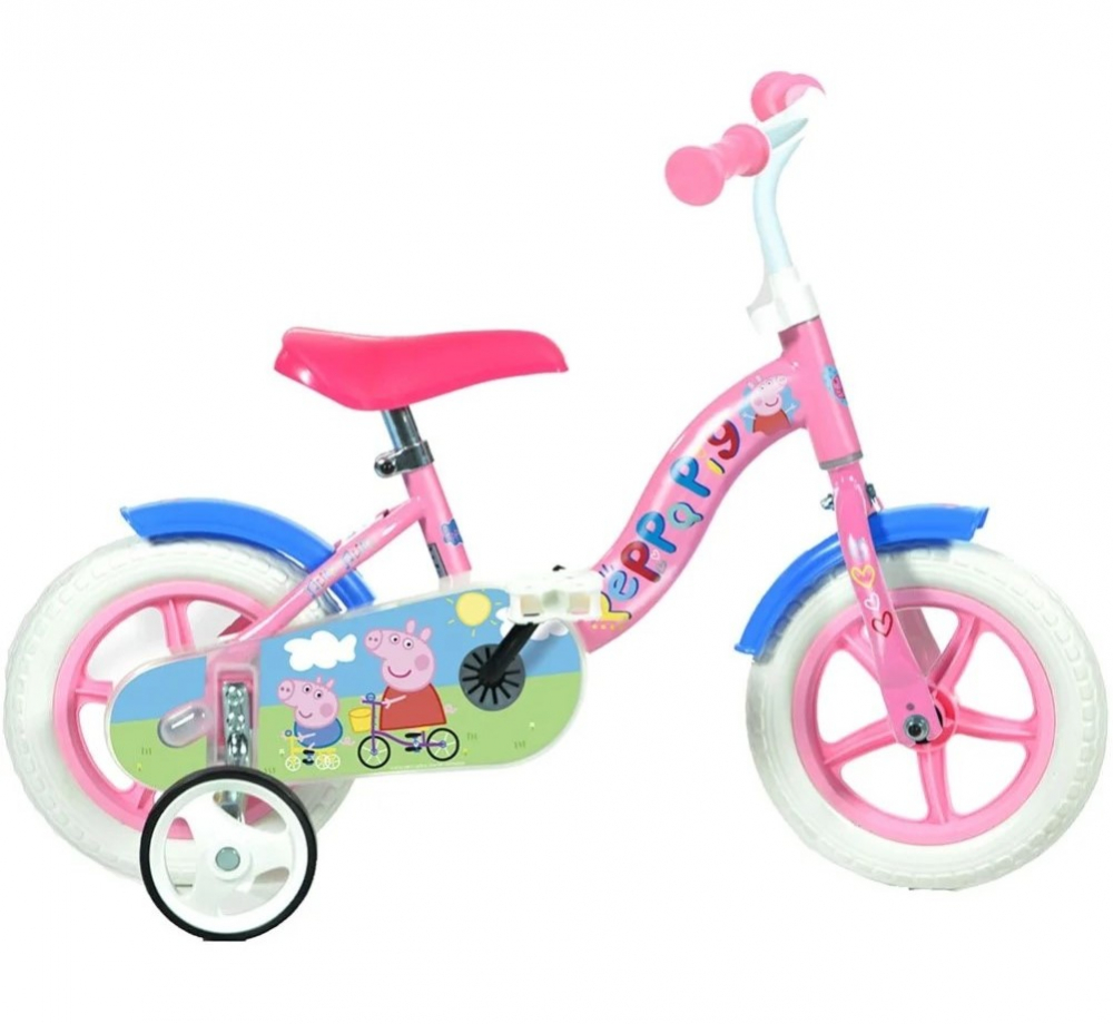 Bicicleta copii Dino Bikes Purcelusa Peppa 10 inch, varsta 2-3 ani, inaltimea 78-107 cm, pinion fix, roti spuma EVA, roti ajutatoare, detasabile, scaun reglabil, greutate maxima suportata 30 kg