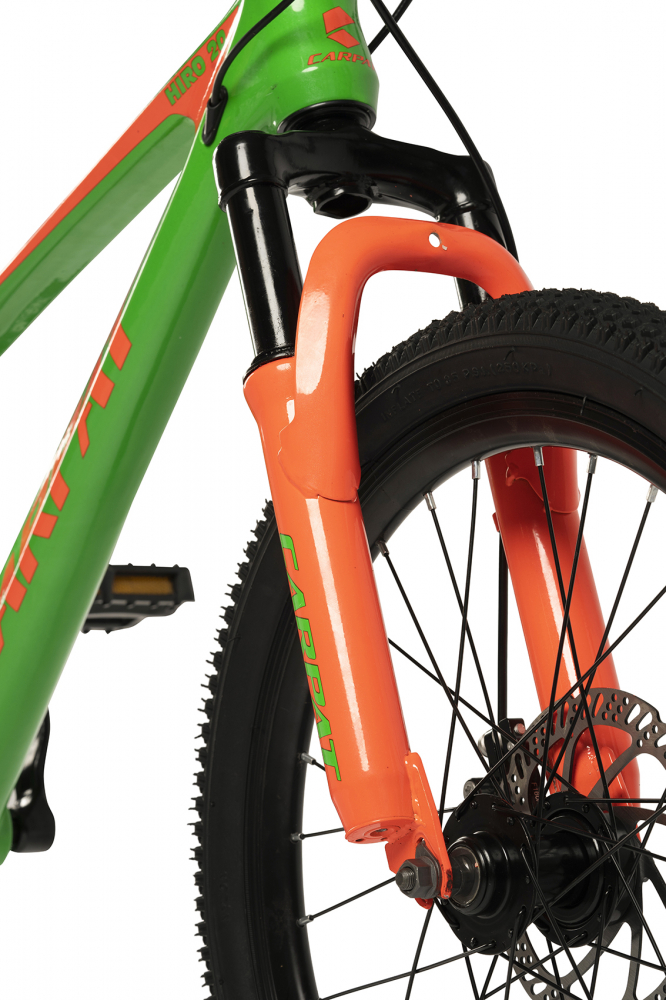 Bicicleta copii MTB Carpat Hiro 20 inch VerdePortocaliu, Schimbator spate Sunrun 7 viteze, Schimbator fata Rotativ, Frana Disc fataspate, Cadru aluminiu, Furca Supensie - 1 | YEO