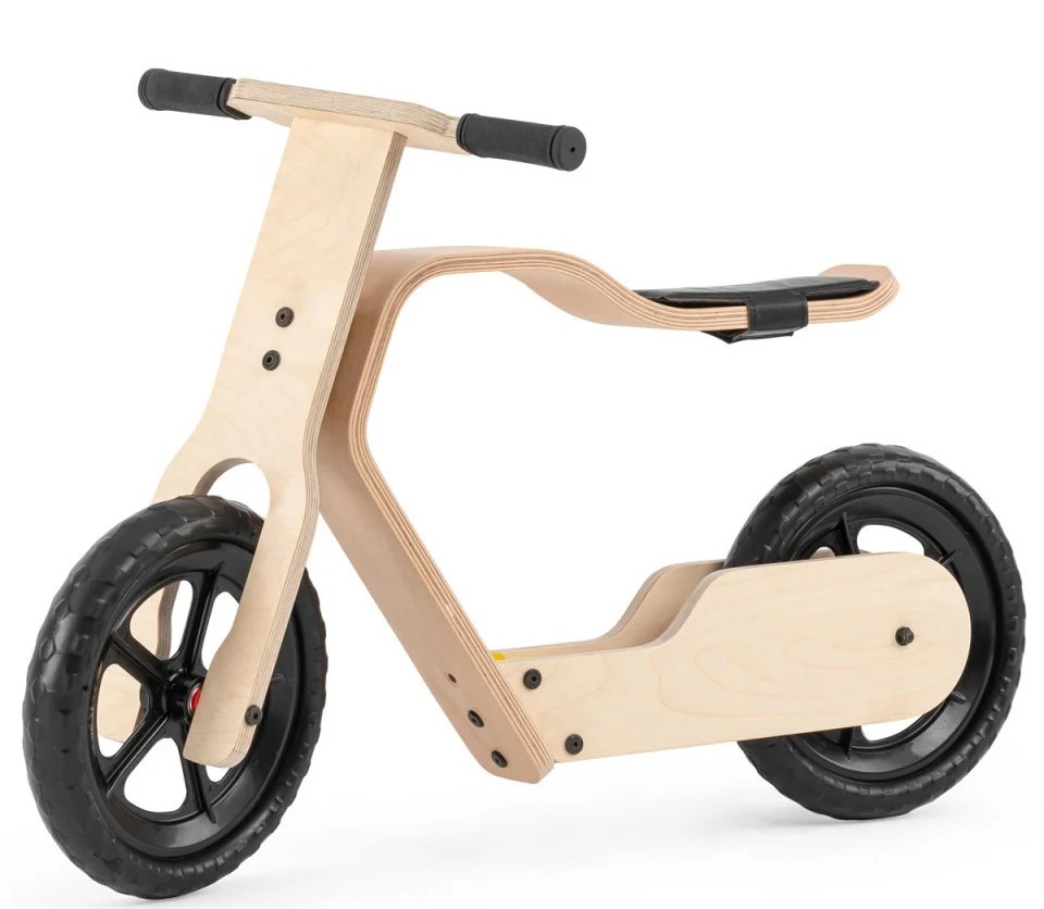Bicicleta copii din lemn natural fara pedale RideMe MamaToyz, scaun reglabil de la 34 cm la 40 cm, cadru flexibil ce actioneaza ca o suspensie, de la 2 ani pana la 40 de kg