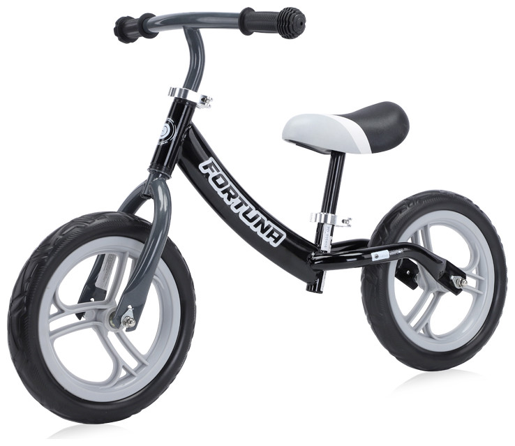 Bicicleta copii fara pedale Lorelli Fortuna grey  black, varsta 2-5 ani, ghidon reglabil in inaltime de la 51 cm pana la 60 cm, roti din spuma EVA, 11 inch, scaun reglabil de la 33 cm pana la 43 cm