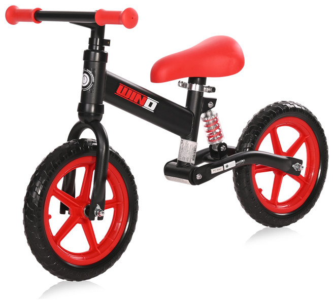 Bicicleta copii fara pedale Wind Black  Red, roti din spuma EVA, amortizor reglabil care ajuta la absorbtia socurilor, scaun reglabil de la 47 cm pana la 50 cm, 12 inch, varsta 2-5 ani, maxim 25 de kg