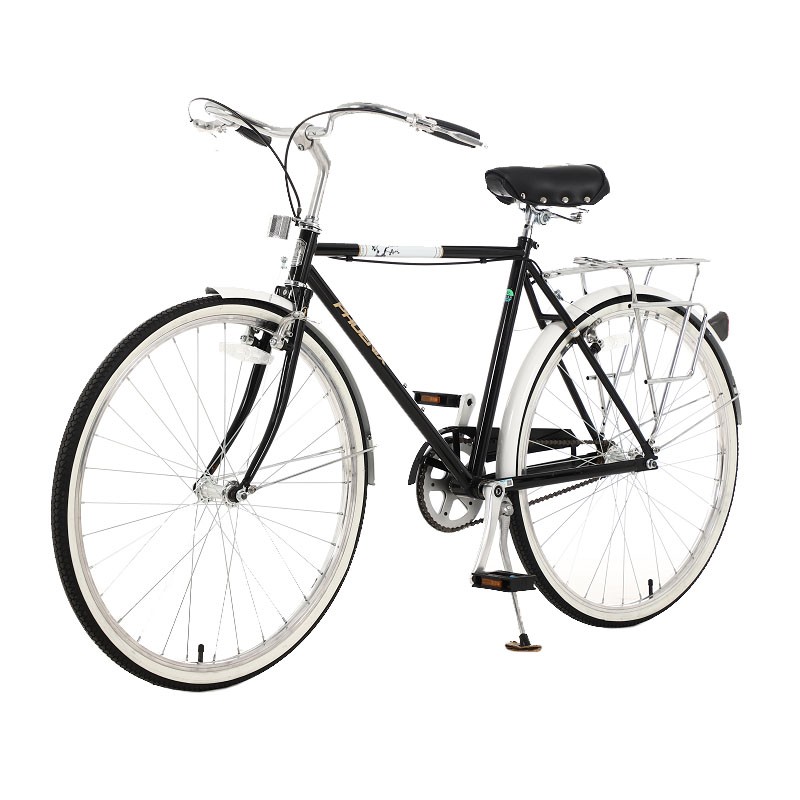 Bicicleta de oras 26 inch, cadru otel, portbagaj, aspect vintage, neagra phoenix, cric inclus, sistem franare disc-mecanic,  scaun din piele cu arcuri, jante aluminiu, greutate maxima suportata 120 kg