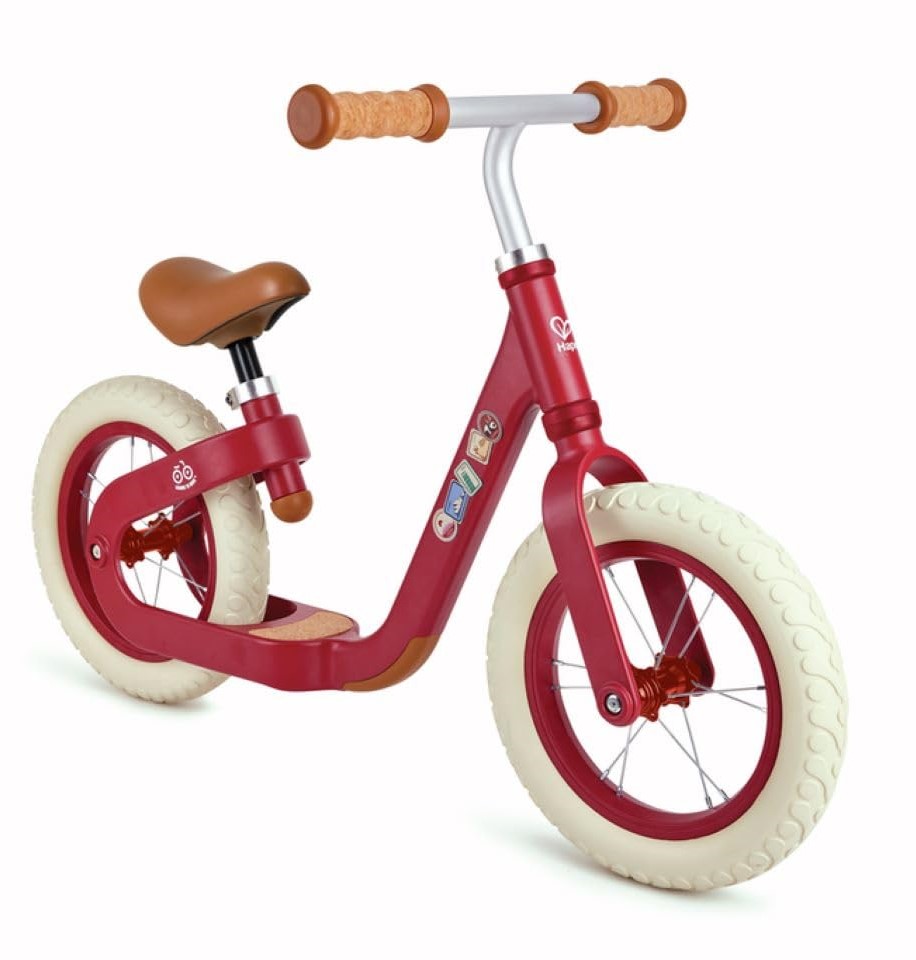 Bicicleta copii fara pedale Hape Rosu 10 inch, anvelopele din PU, scaun reglabil pe inaltime de la 36-41cm, de la 3 ani, ghidon reglabil, mner ergonomic sub a, zona suport pentru picioare din plut regenerabila