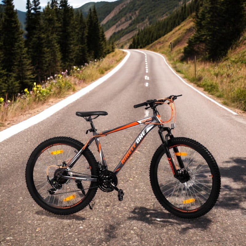 Bicicleta mtb 26 inch, schimbator shimano cu 21 viteze, suspensii fata, cadru otel, jante aluminiu, negru-portocaliu