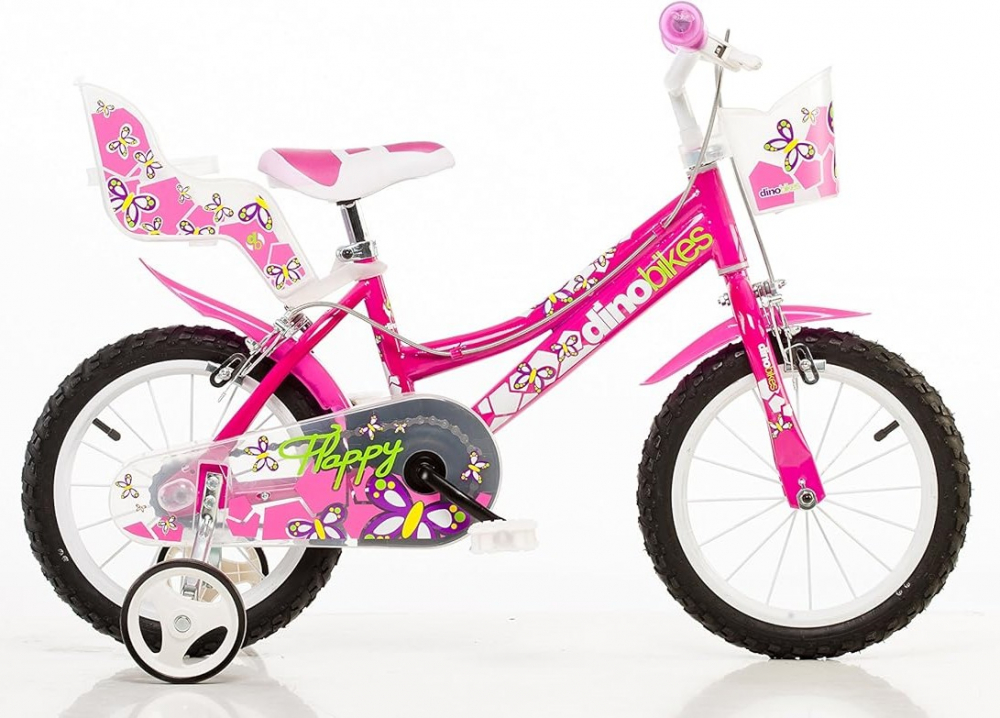 Bicicleta pentru copii fluturasi 14 inch, varsta 4-5 ani, inaltimea recomandata 95-115 cm, roti ajutatoare, saua si ghidonul sunt reglabile in inaltime,cosulet si scaunel pentru papusa