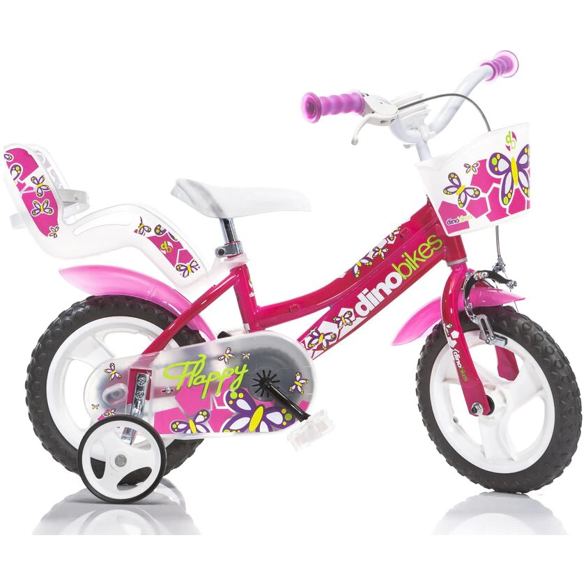 Bicicleta pentru fetite Dino Bikes 126 RLN diametru 12 inch, varsta 3-5 ani, inaltimea recomandata 87-110 cm, roti ajutatoare, frana pe roata din fata, cosulet accesorii