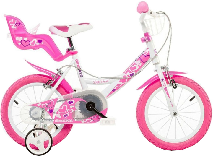 Bicicleta pentru fetite Dino Bikes 14 inch 144RN, varsta 4-7 ani, inaltimea recomandata 95-115 cm, cu roti ajutatoare, frana pe ambele roti, aparatoare lant