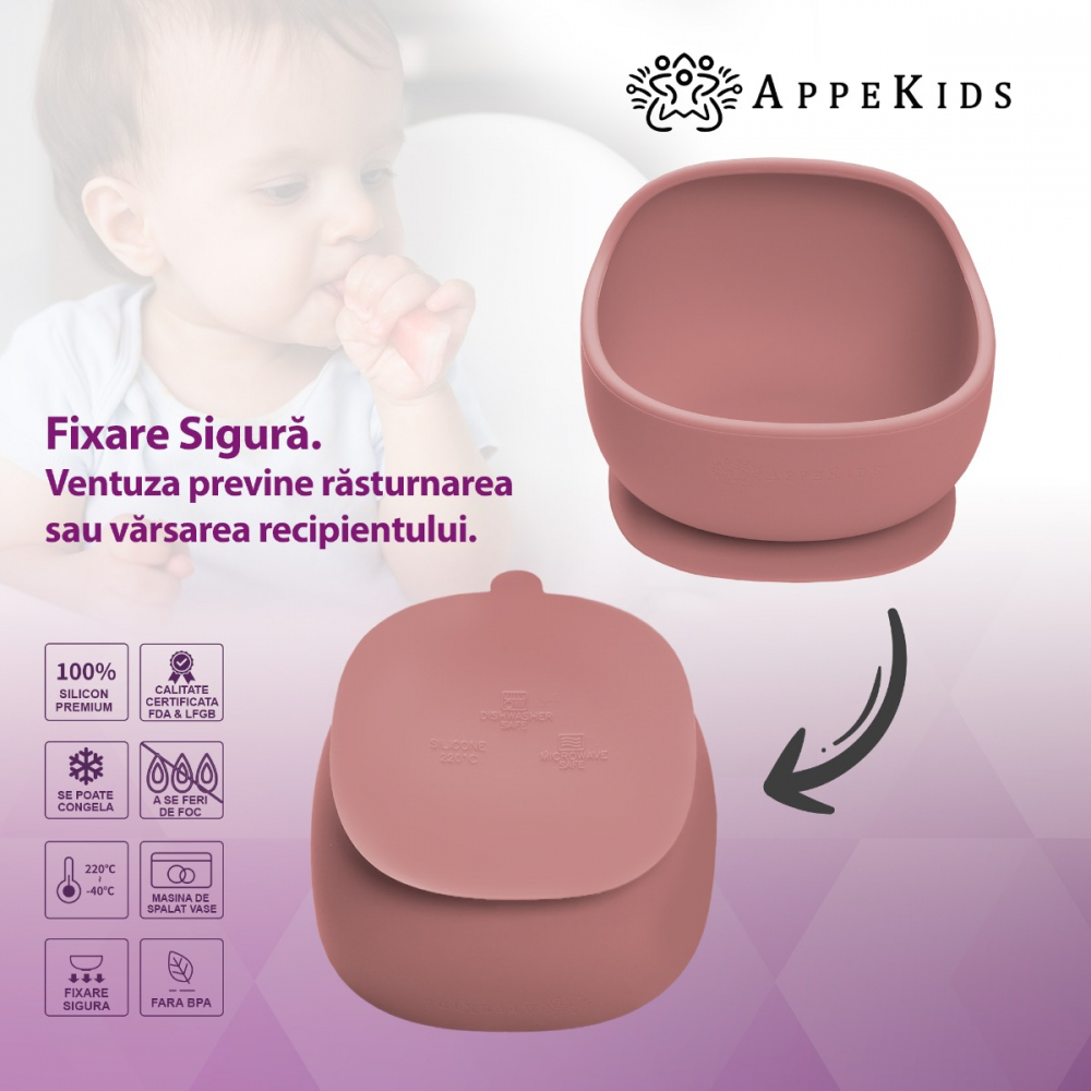 Bol din silicon cu ventuza AppeKids Classic Old Rose - 2 | YEO